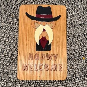 Western Cowboy Welcome Intarsia  wall plaque Brown and Black